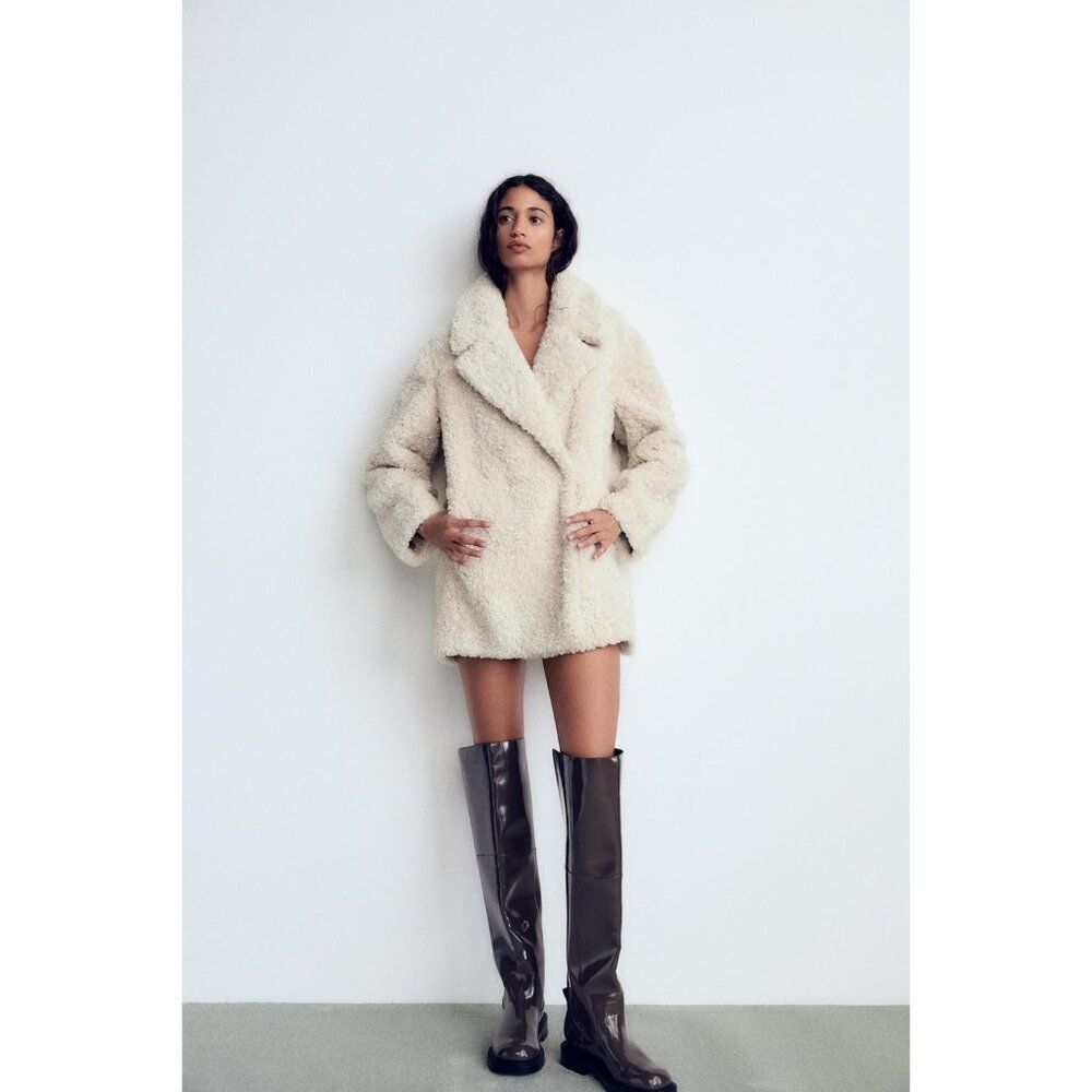 Zara Womens Faux Fur Coat Jacket XS Oyster White Teddy collared 4391/855 NWT